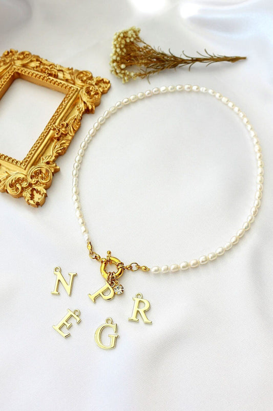 1 karat gold custom initial freshwater pearls choker necklace